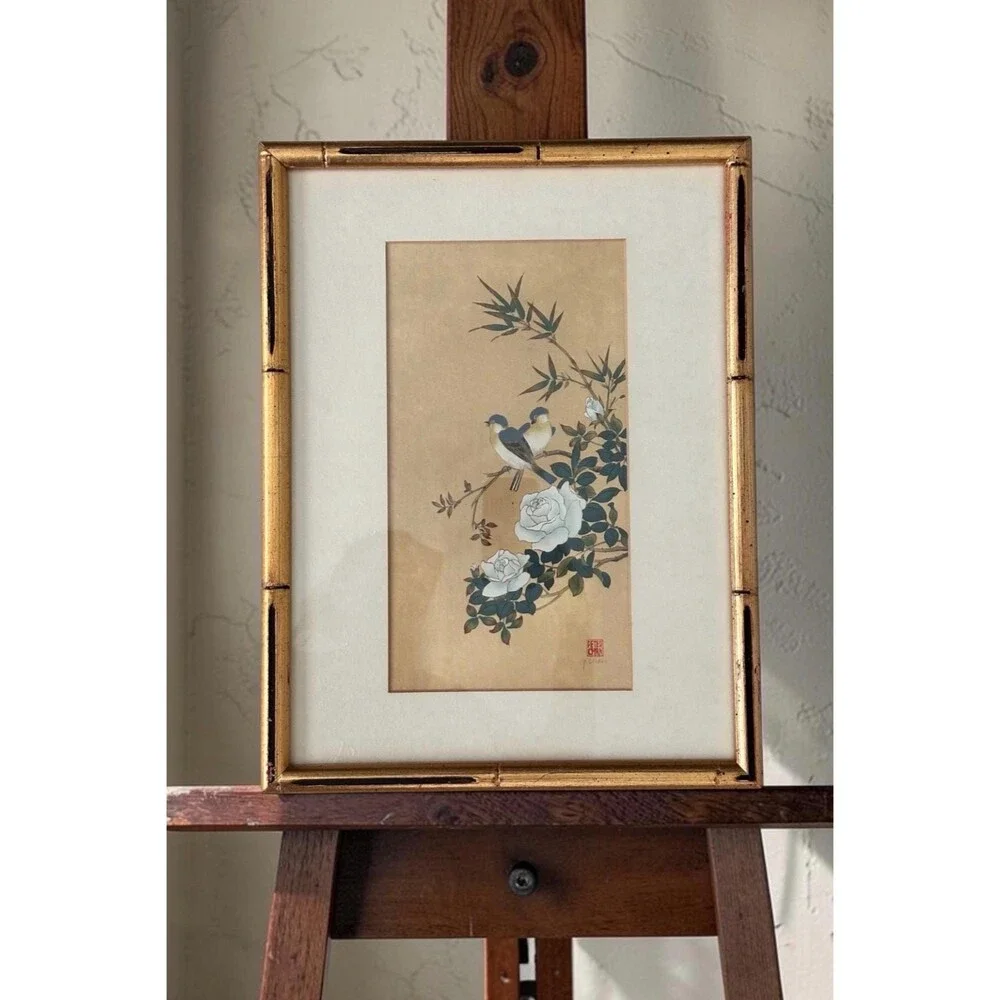 Vintage Chinese Silk Painting Birds & Roses Peter Chan Faux Bamboo Frame 17x13’’